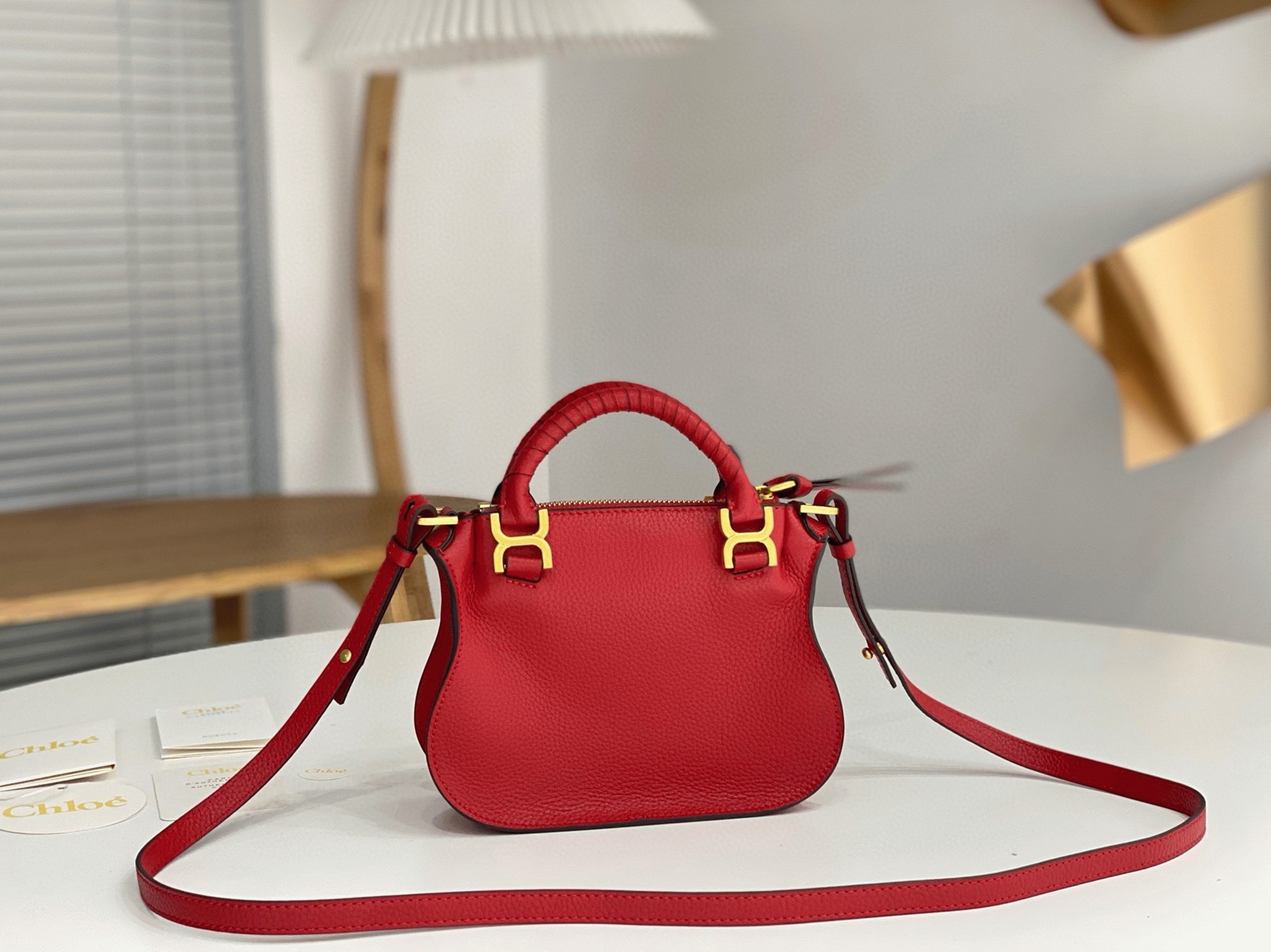 Red Grained Leather Chloe Marcie Mini Double Handle Fake Bag