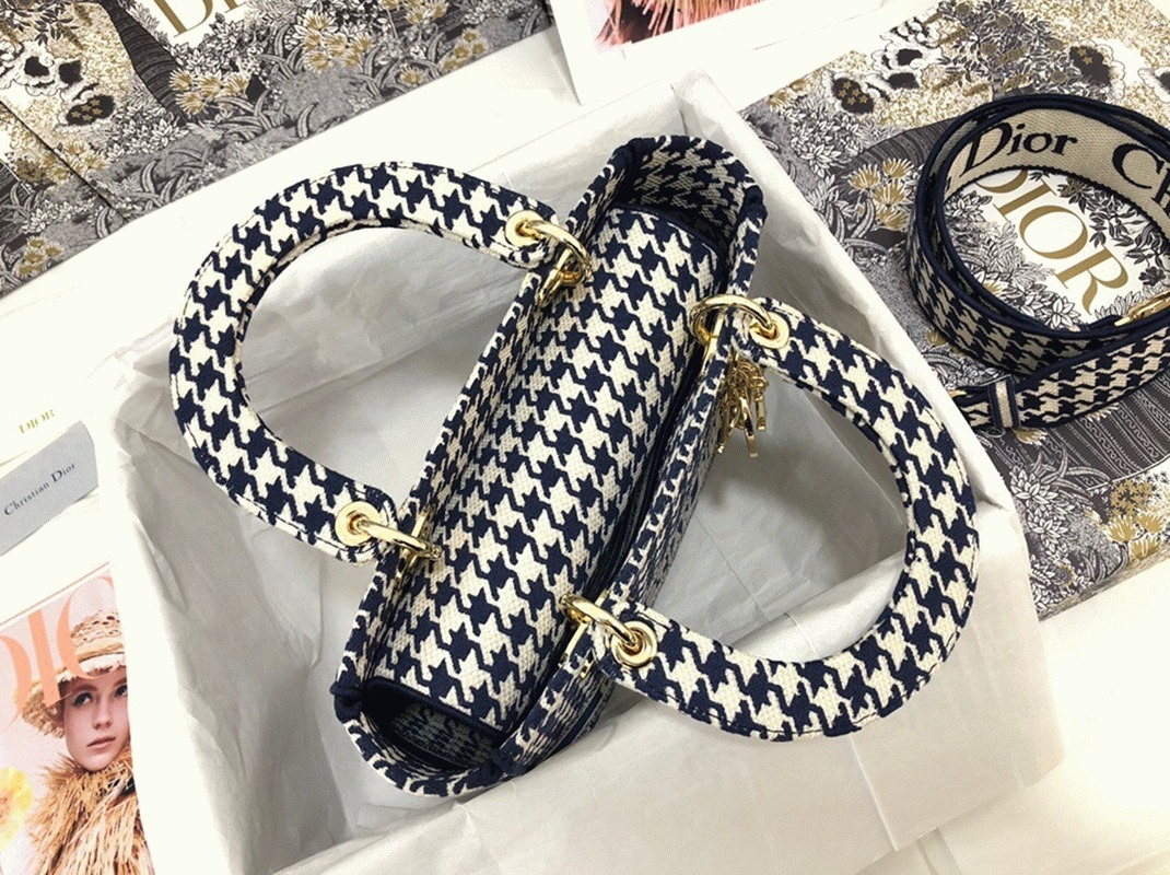 D10r Lady D-Lite Medium Bag Replica in Black White Houndstooth Embroidery
