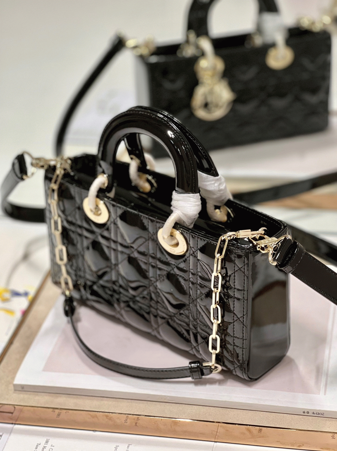 D10r Lady D-Joy Medium Bag Faux in Black Patent Cannage Calfskin