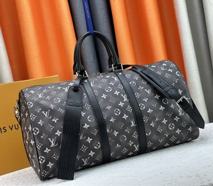 L0vis Vvtt0n Brushed Monogram Leather Keepall Bandouliere 50 In Black
