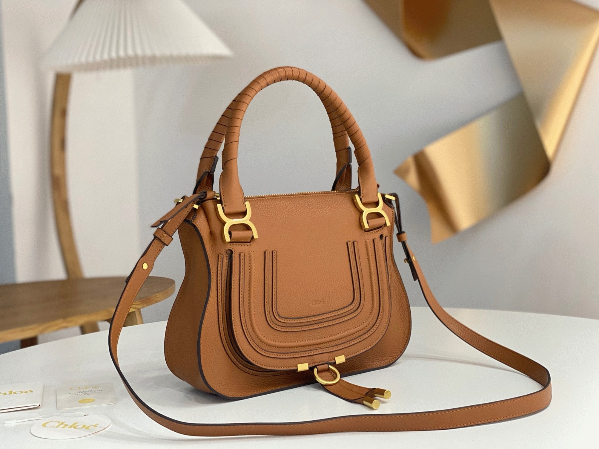 Top Quality Replica Chloe Marcie Small Double Carry Bag in Blue Grained Leather