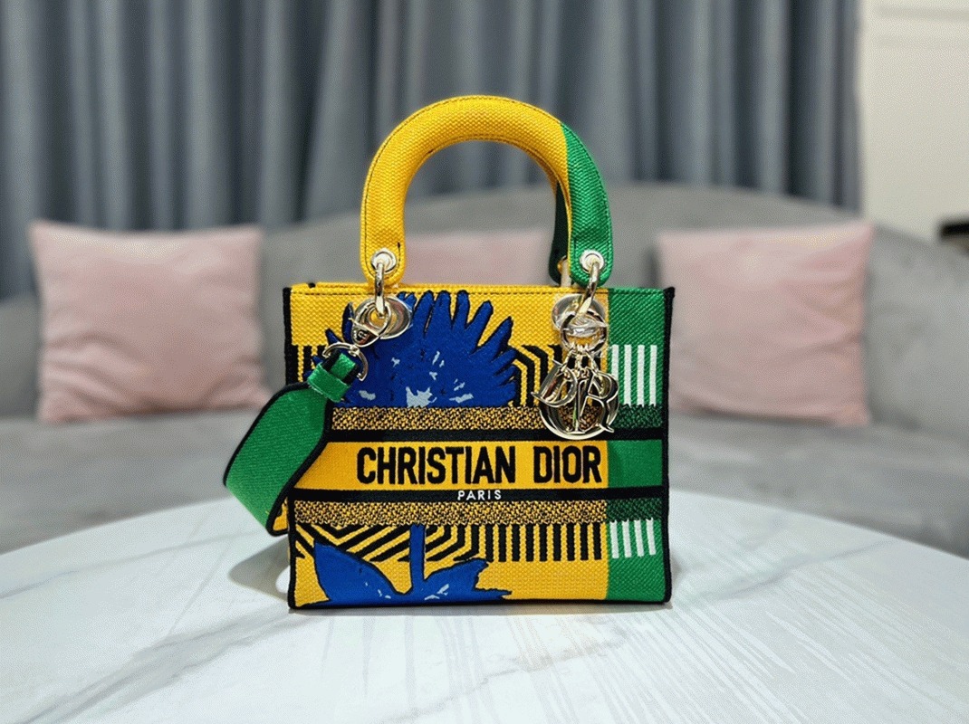 D10r Lady D-Lite Medium Bag Fake in Yellow   Green D-Flower Pop Embroidery