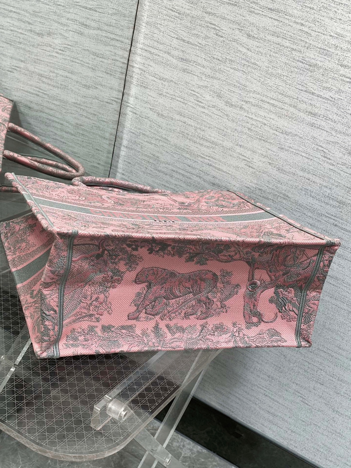 D10r Large Book Tote Bag Fake in Pink and Gray Toile de Jouy Sauvage Embroidery