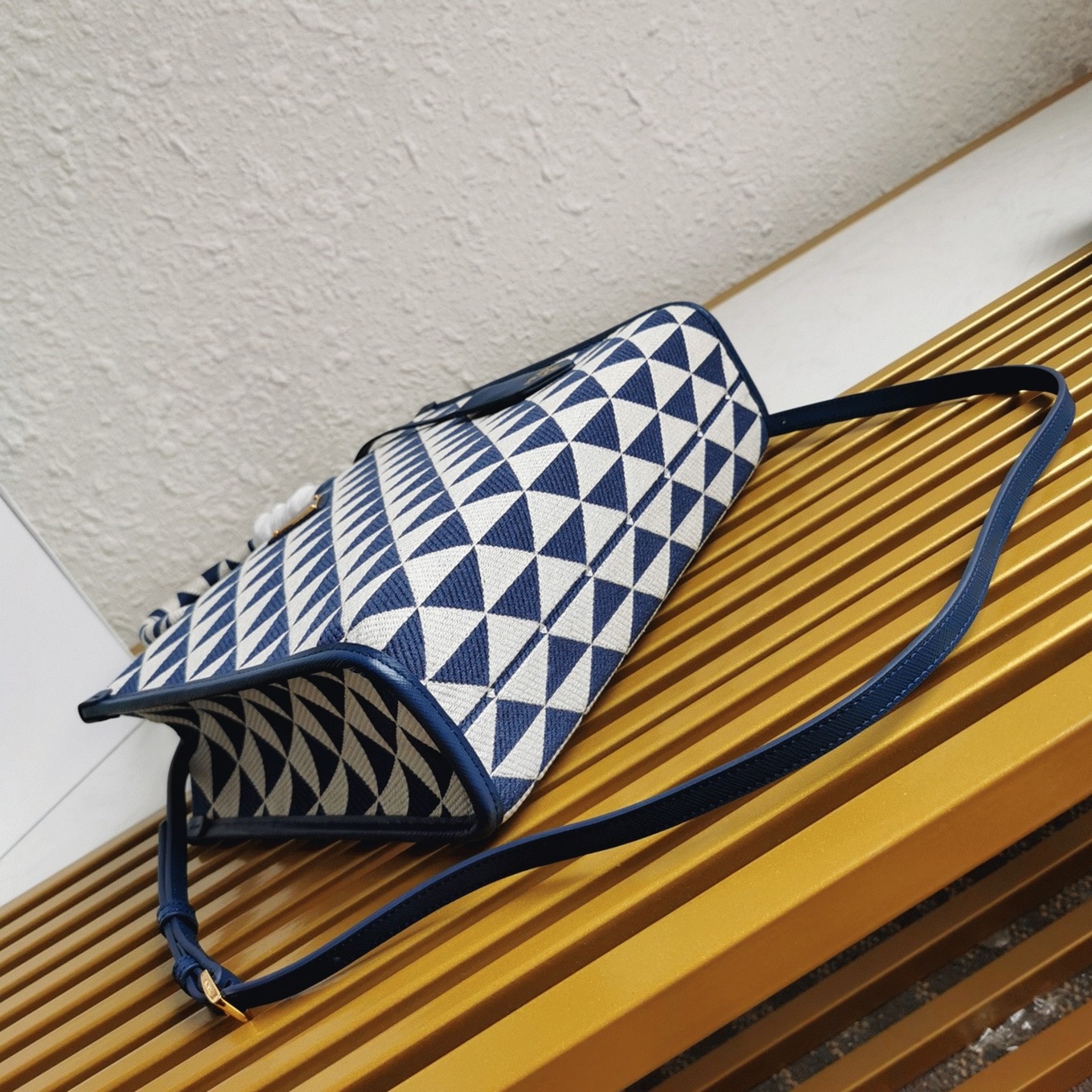 Pra*a Symbole Small Bag Knockoff in White/Blue Jacquard Fabric