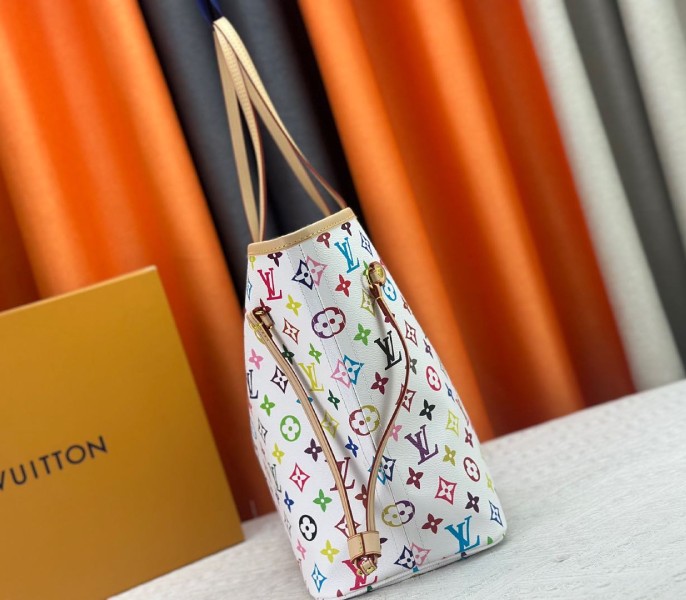 LV X TM Multicolored Neverfull MM In White