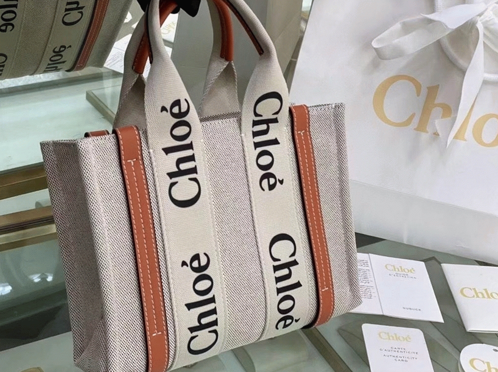 Top Quality Knockoff Chloe Small Woody Tote Bag in Canvas with Brown Leather Strips