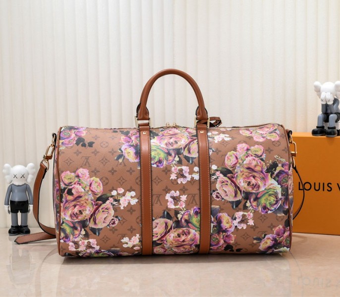 L0vis Vvtt0n Keepall Bandouliere 50 Travel Bag In Brown With Floral Pattern