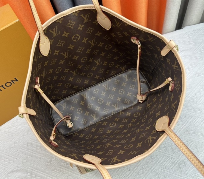 L0vis Vvtt0n Neverfull Bandouliere Inside Out MM Tote In Monogram Canvas And Stamped Beige Textile