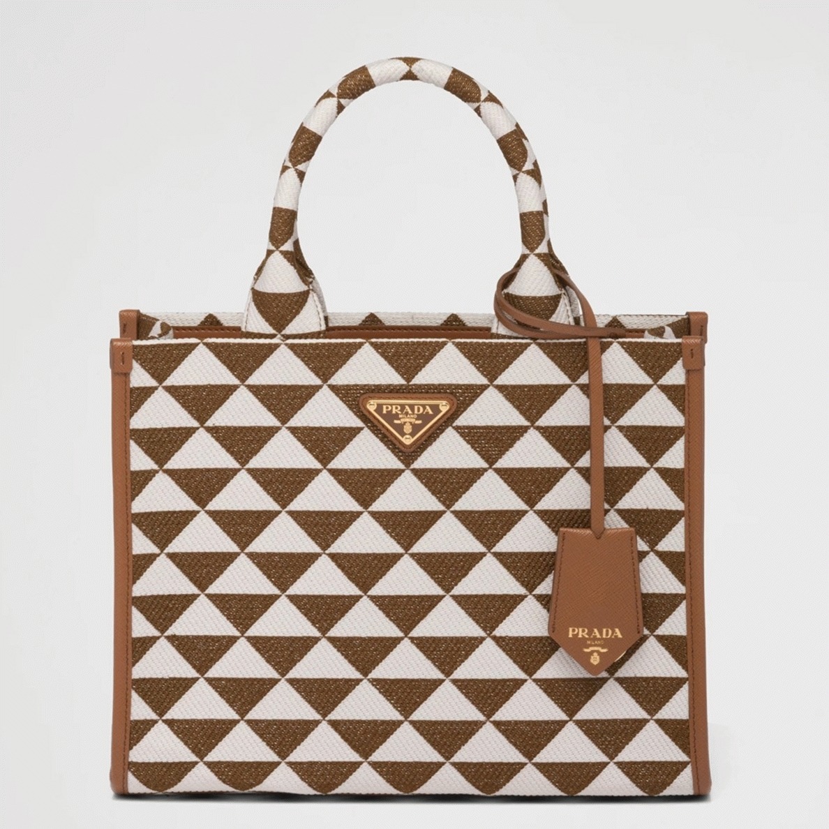 Pra*a Symbole Large Bag Replica in White/Brown Jacquard Fabric