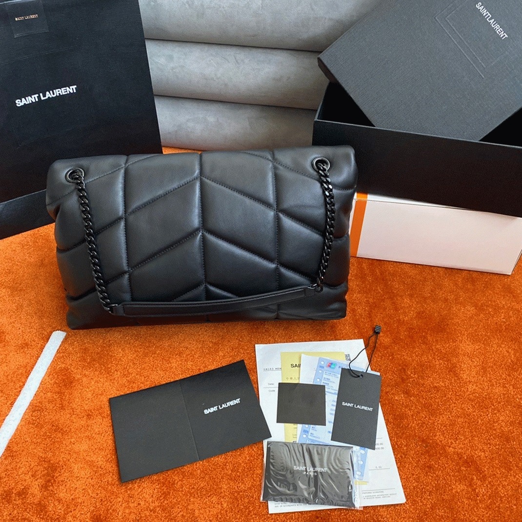 Sa1nt Lau*nt Puffer Medium Chain Bag All Black Lambskin