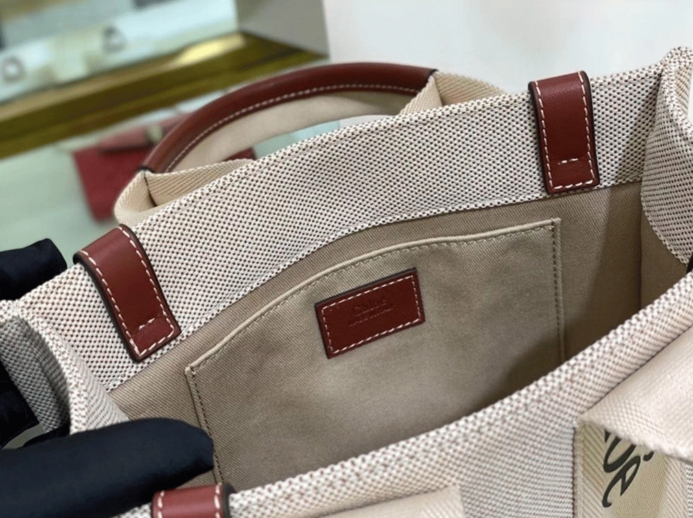 Top Quality Replica Chloe Small Woody Tote Bag in Canvas with Camel Leather Strips