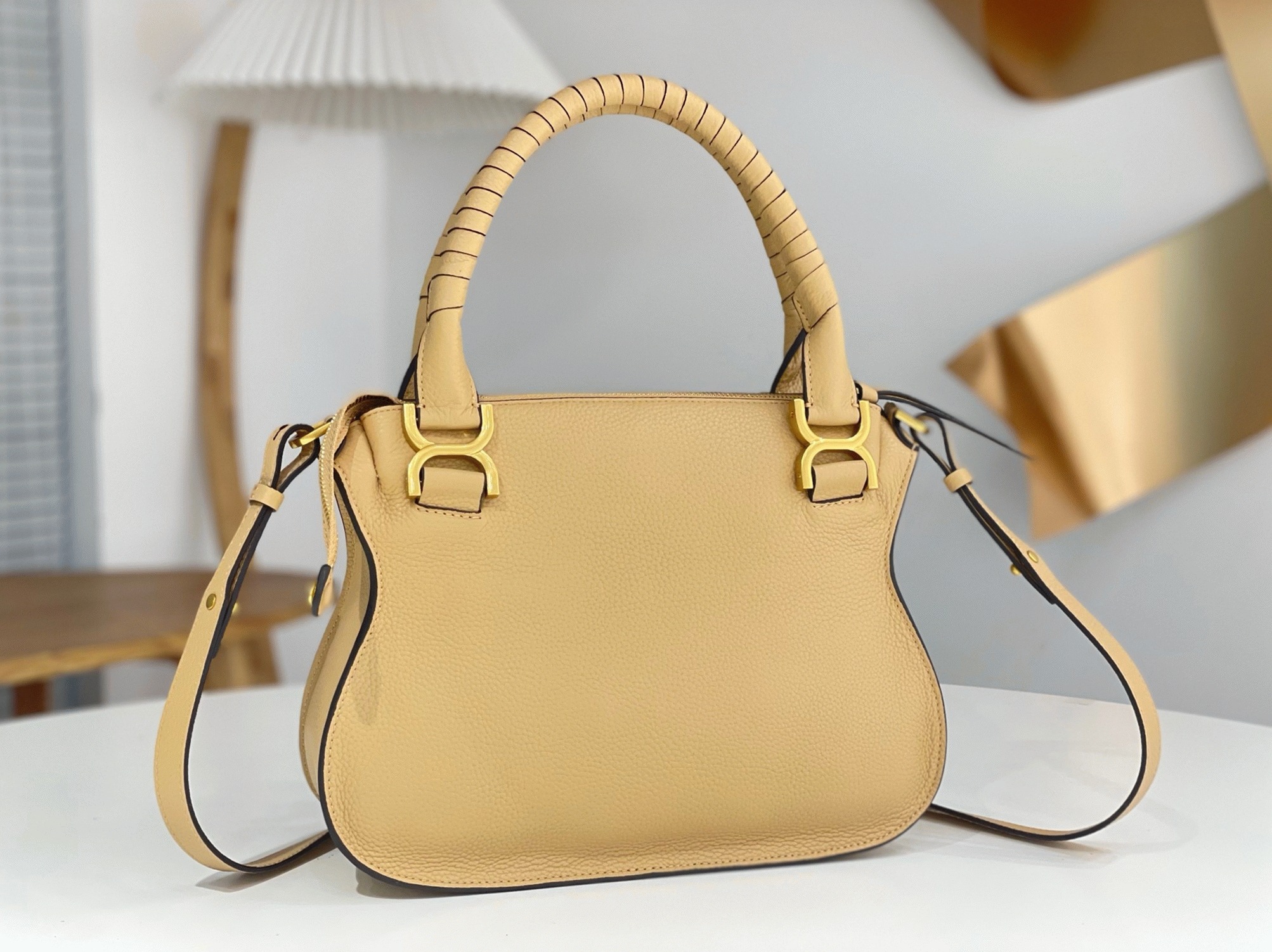Top Quality Fake Chloe Marcie Small Double Carry Bag in Beige Grained Leather
